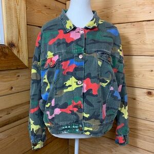 Funky Camouflage Colorful Leather Denim Jacket Women Medium